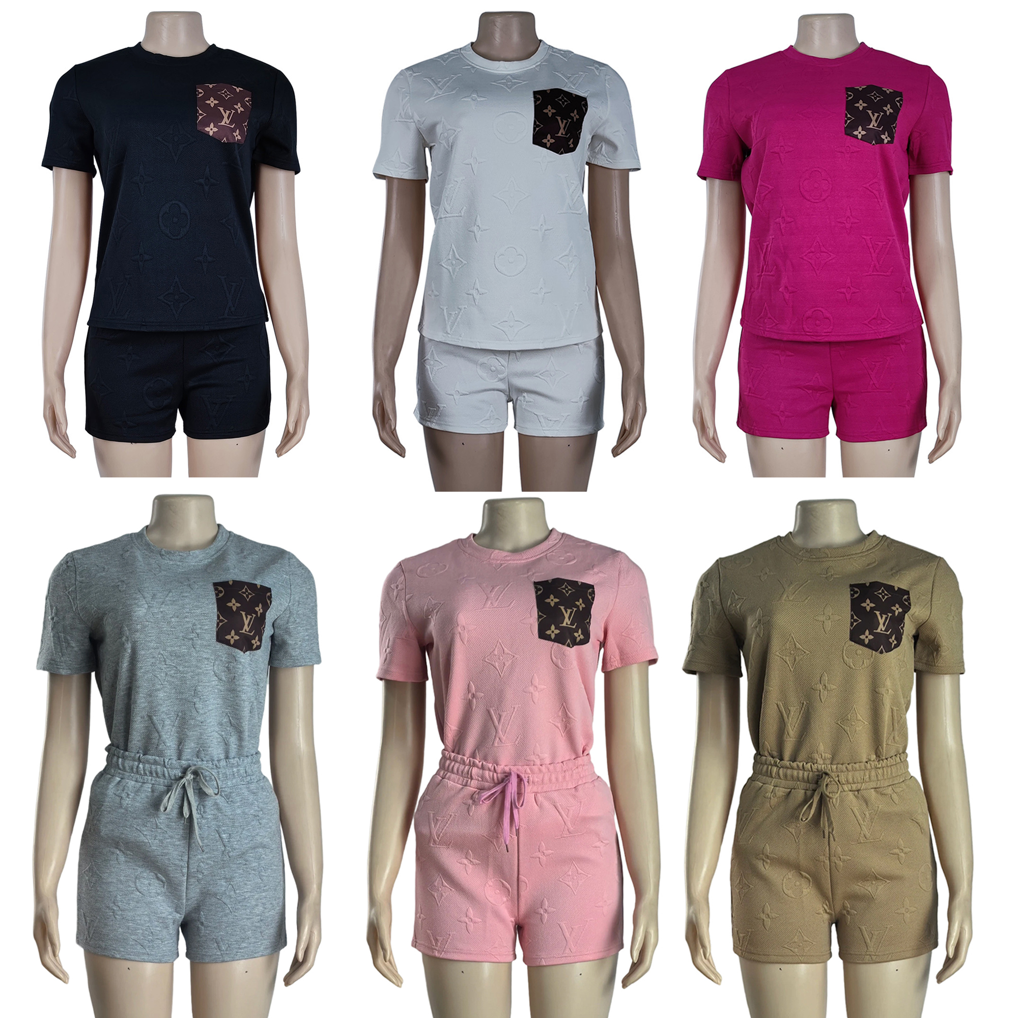 Women Short Sleeve Patch procket Top and Shorts Two Piece Set