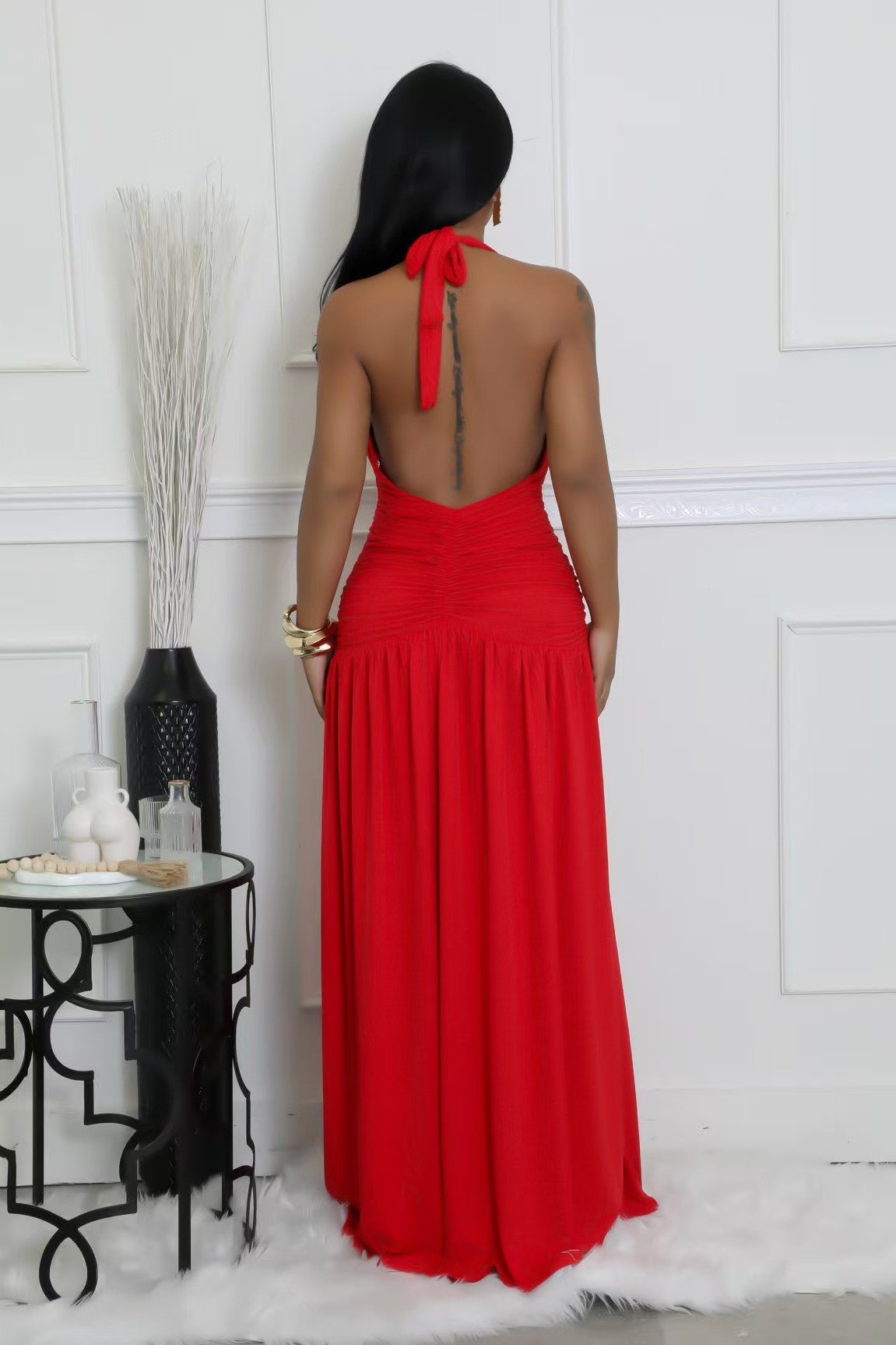 Summer Sexy Tie Halter V-Neck Backless Slit Long Dress