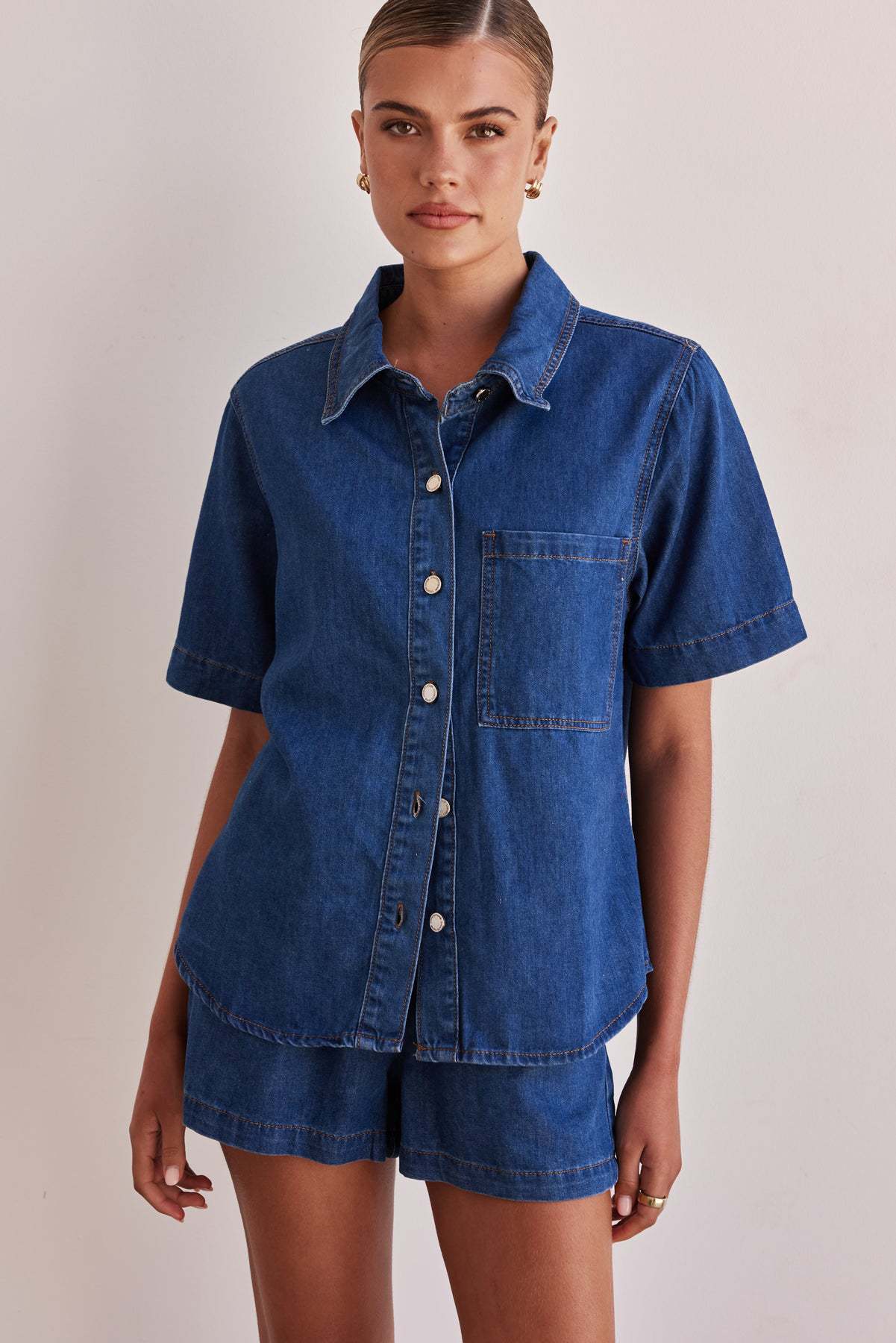 Summer Washed Solid Color Short-Sleeve Shirt and Denim Shorts Set