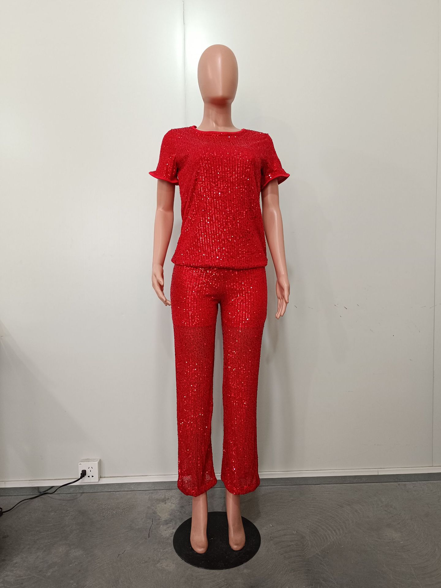 Women Spring Summer Sequin Solid Short Sleeve Top and Pants Two-piece Set