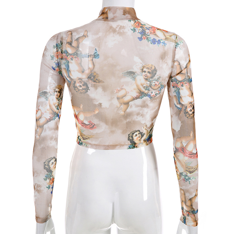 Women's Angel Print Mesh Long-Sleeve T-Shirt