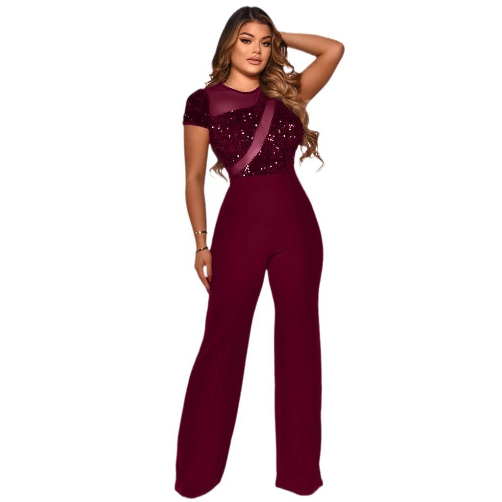 Women Irregular Sequin Patchwork Short Sleeve Jumpsuit
