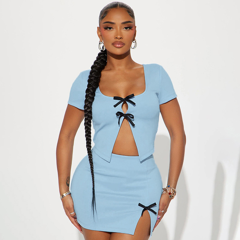 Women Spring Bowknot Hollow Crop Top and Skirt Two Piece Set