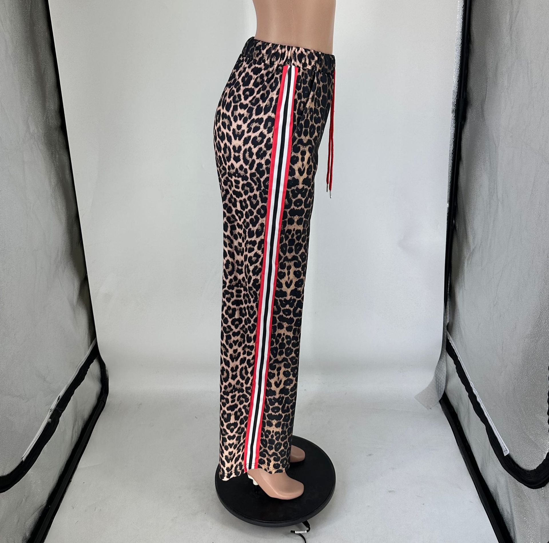 Spring/Summer Fashion Leopard Patchwork Contrast Stripes Casual Straight-Leg Pants
