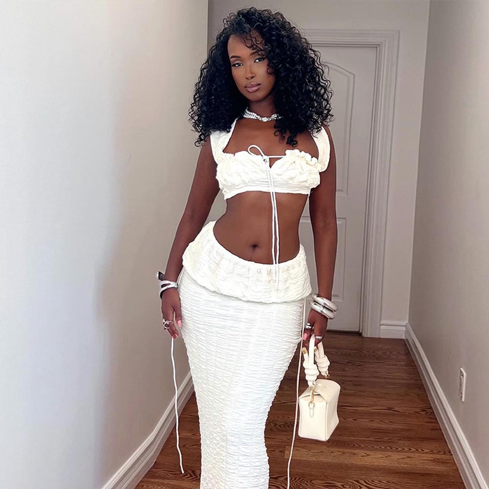 Sexy Cut-Out Square Neck Lace-Up Top with Slim Long Skirt Two Piece Set