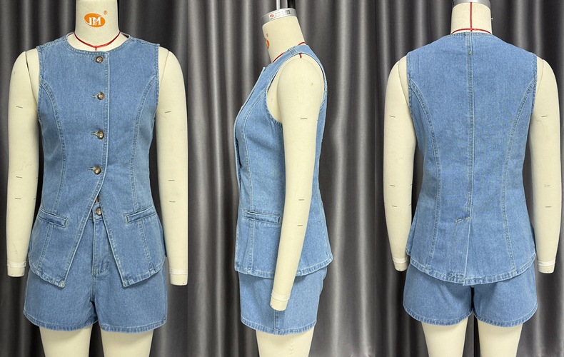 Spring/Summer Fashion Sleeveless Slim Waist Vest High-Waist Loose Denim Shorts Set