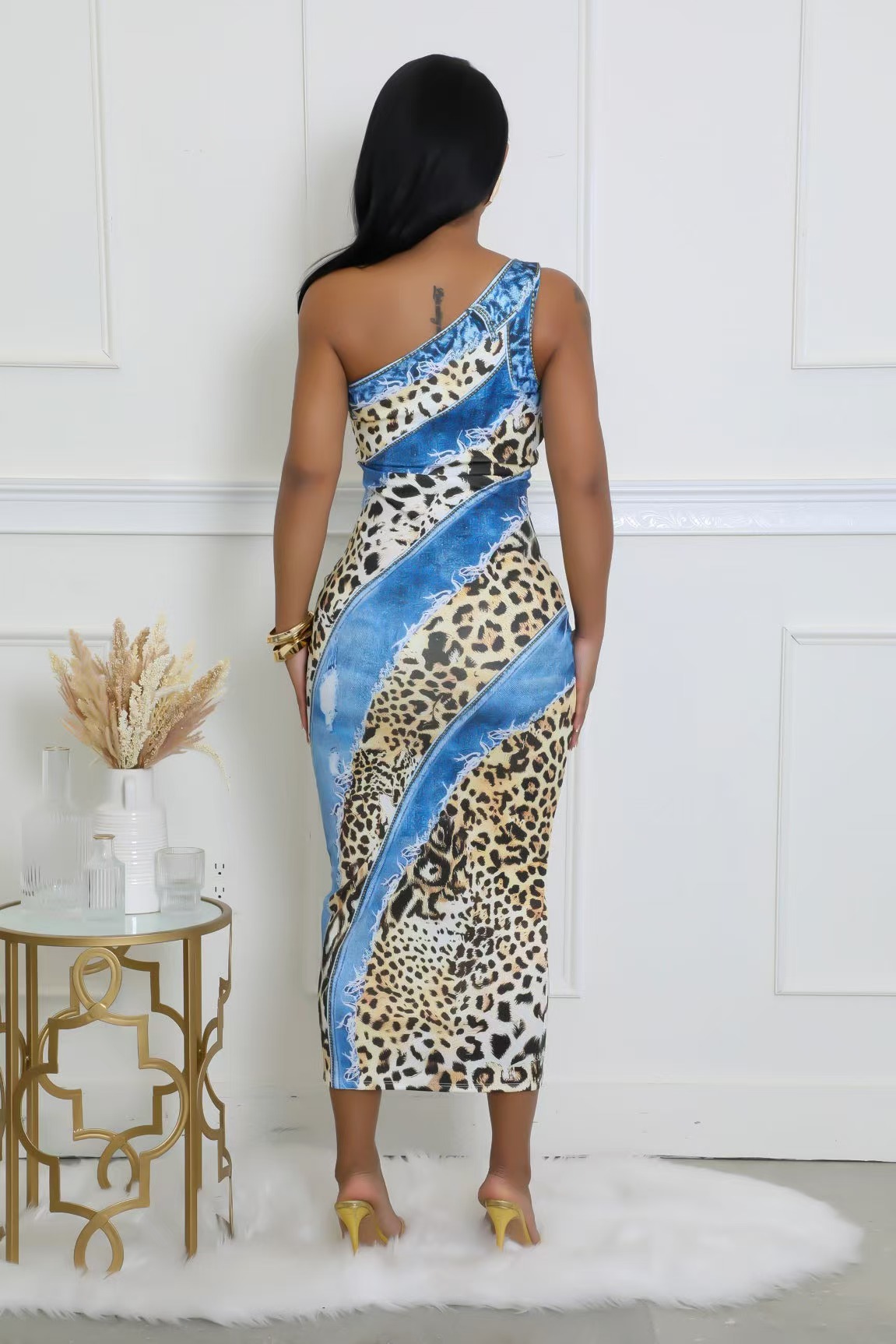 Women's One-Shoulder Slash Neck Leopard Print Bodycon Dress