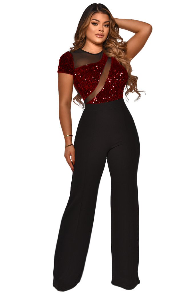 Women Irregular Sequin Patchwork Short Sleeve Jumpsuit