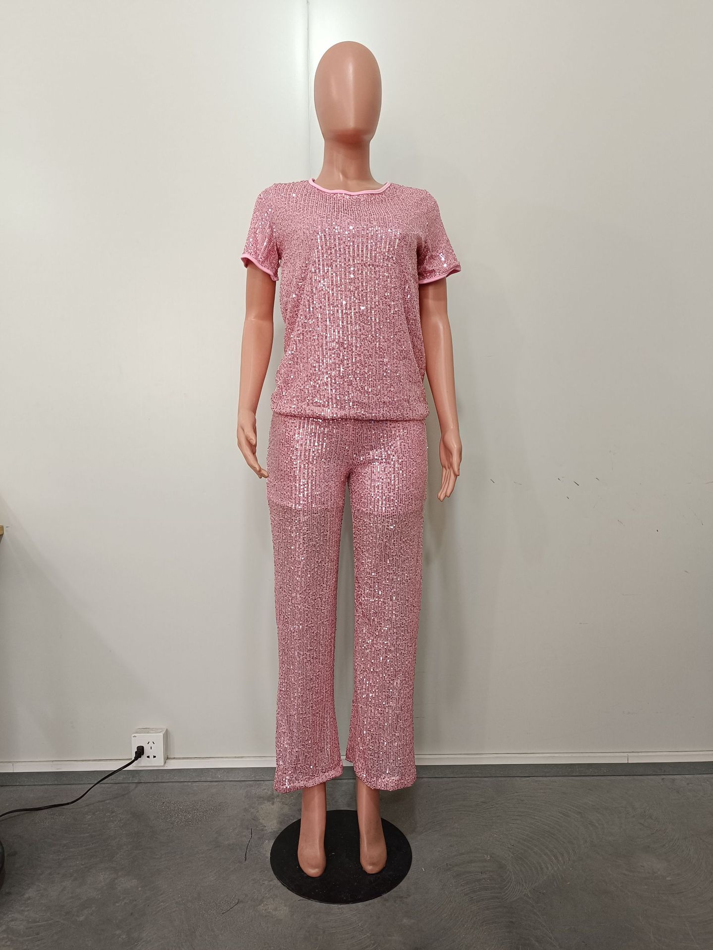 Women Spring Summer Sequin Solid Short Sleeve Top and Pants Two-piece Set