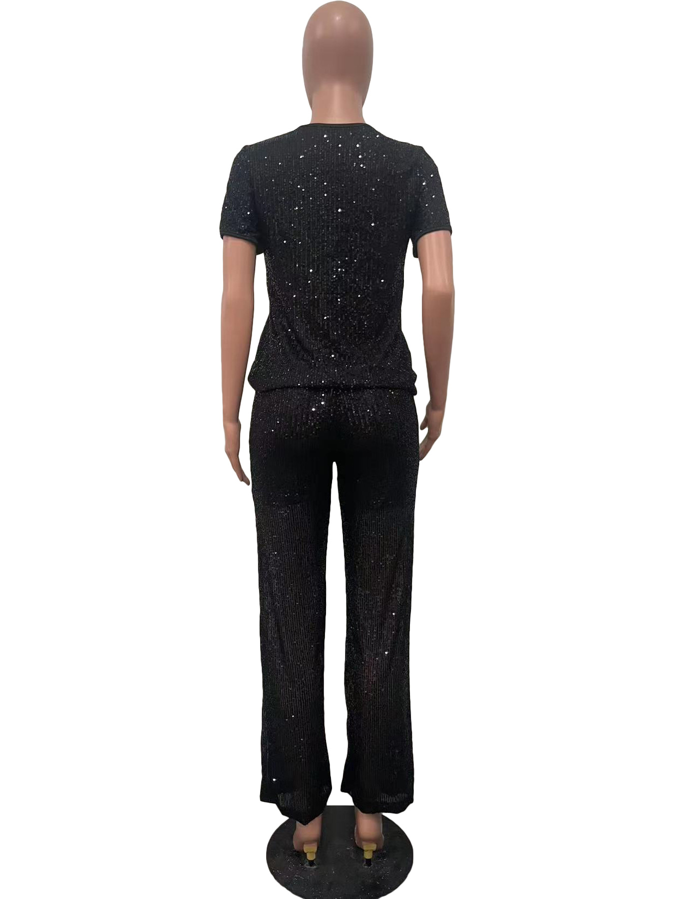 Women Spring Summer Sequin Solid Short Sleeve Top and Pants Two-piece Set