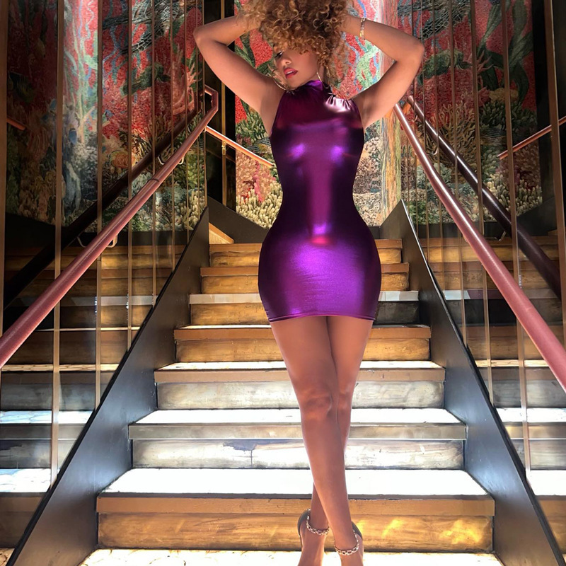 Women's Shiny Faux Leather Sleeveless Slim Waist Bodycon Dress