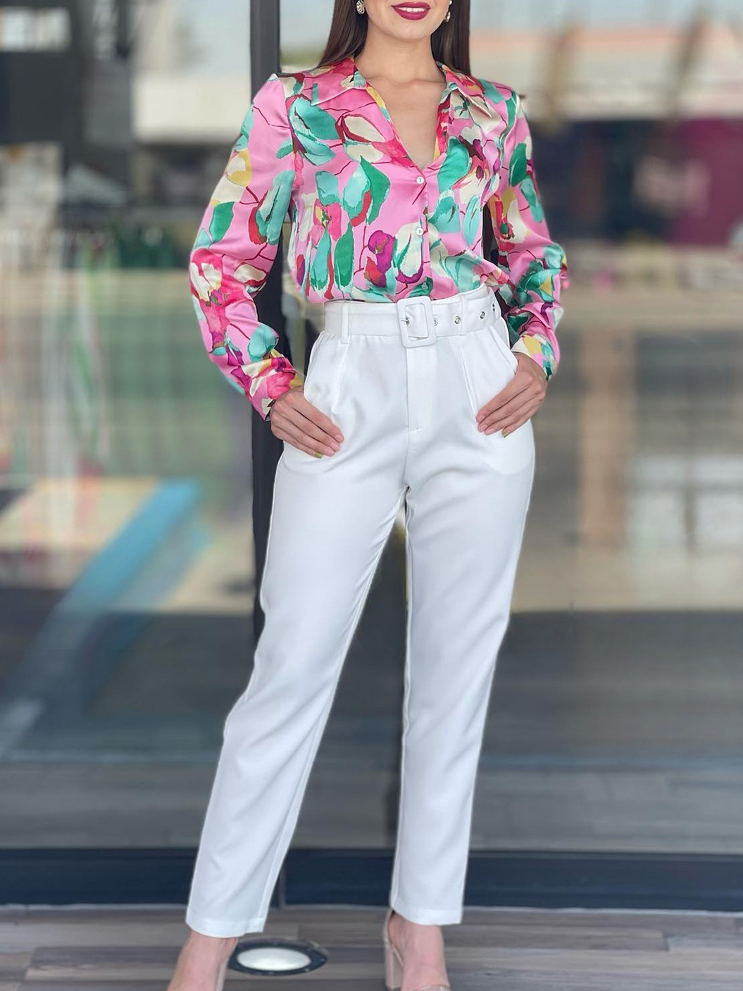 Women's Spring Printed Long-Sleeve Shirt and High-Waist Trousers Two-Piece Set