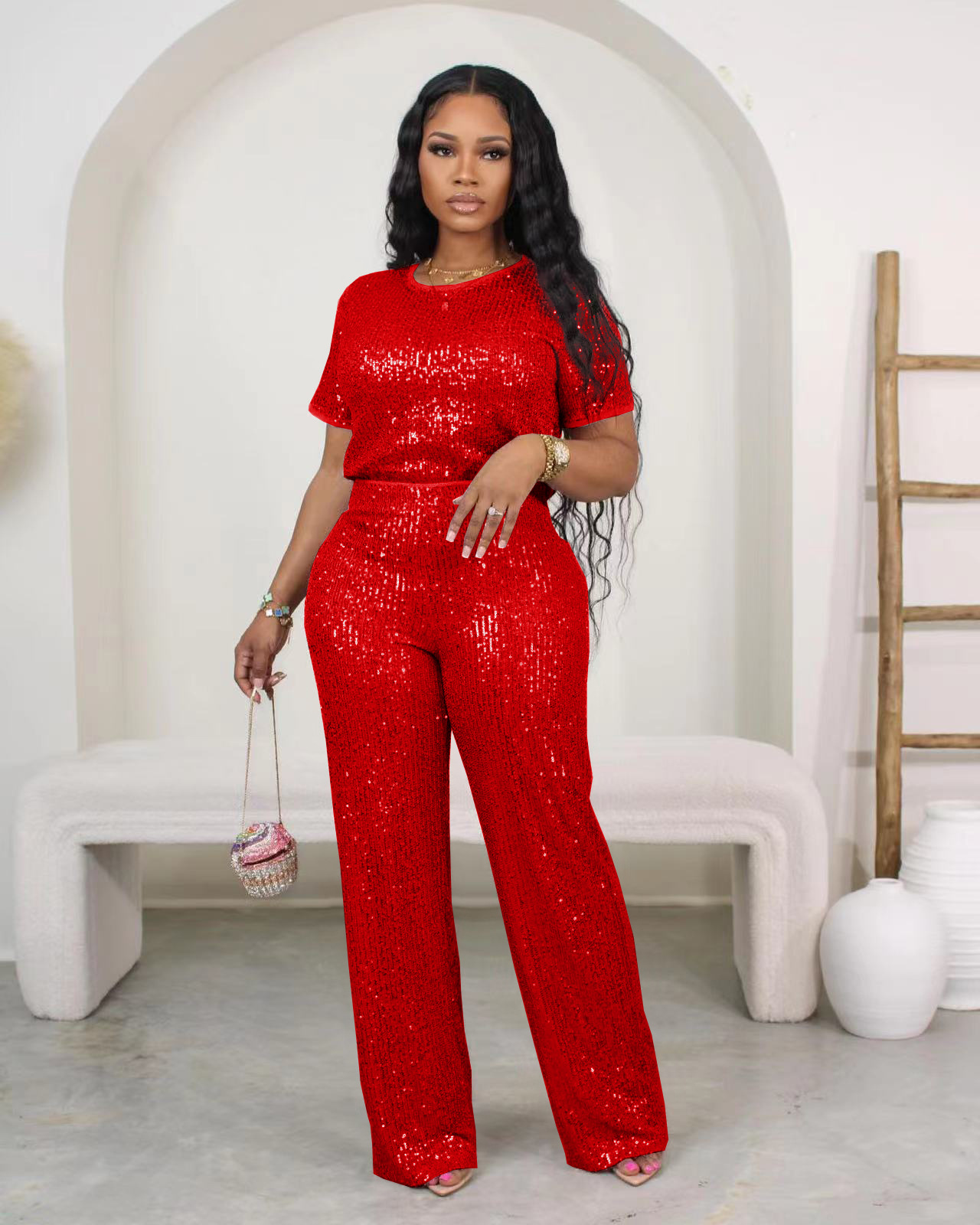 Women Spring Summer Sequin Solid Short Sleeve Top and Pants Two-piece Set