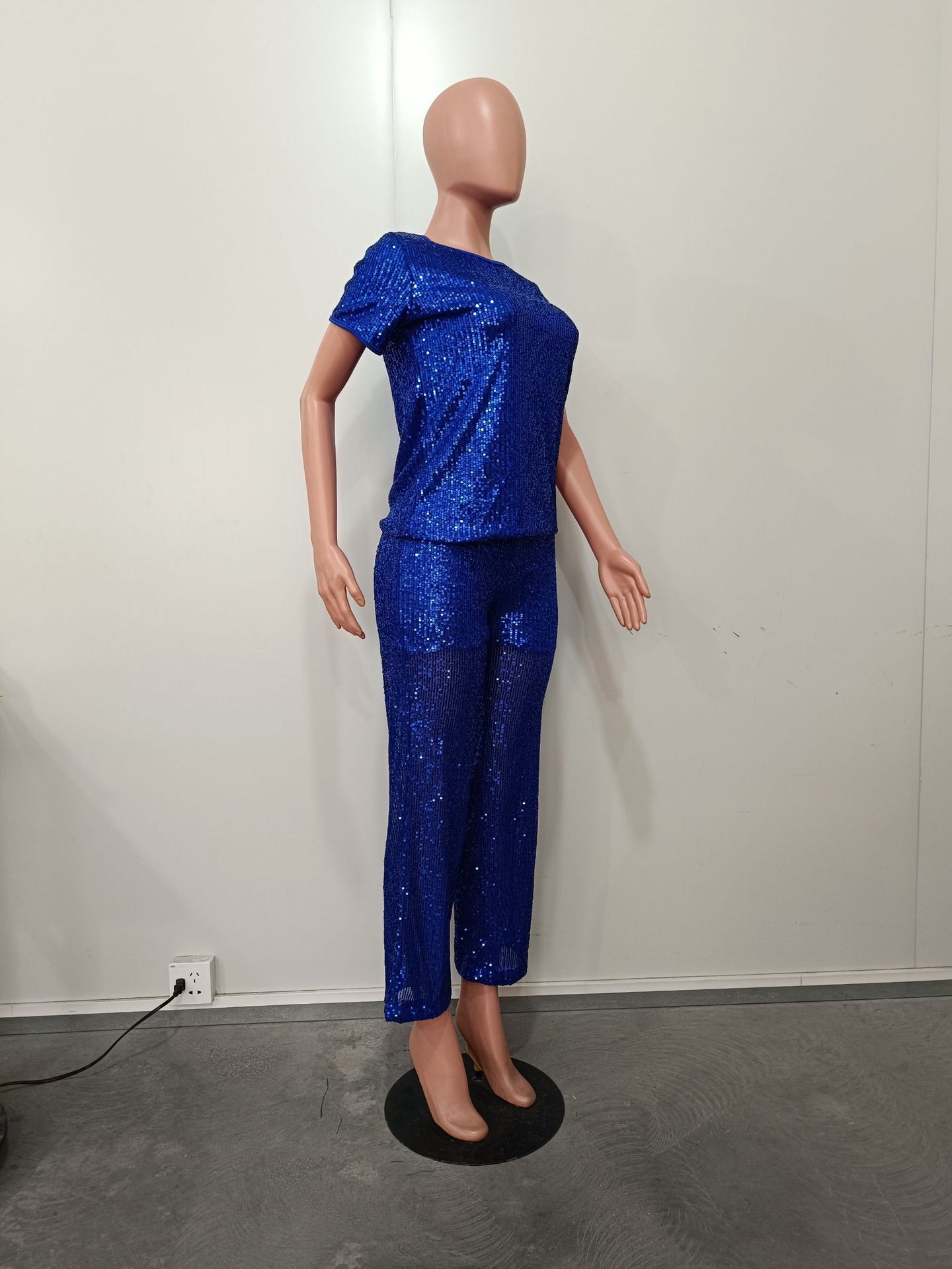 Women Spring Summer Sequin Solid Short Sleeve Top and Pants Two-piece Set