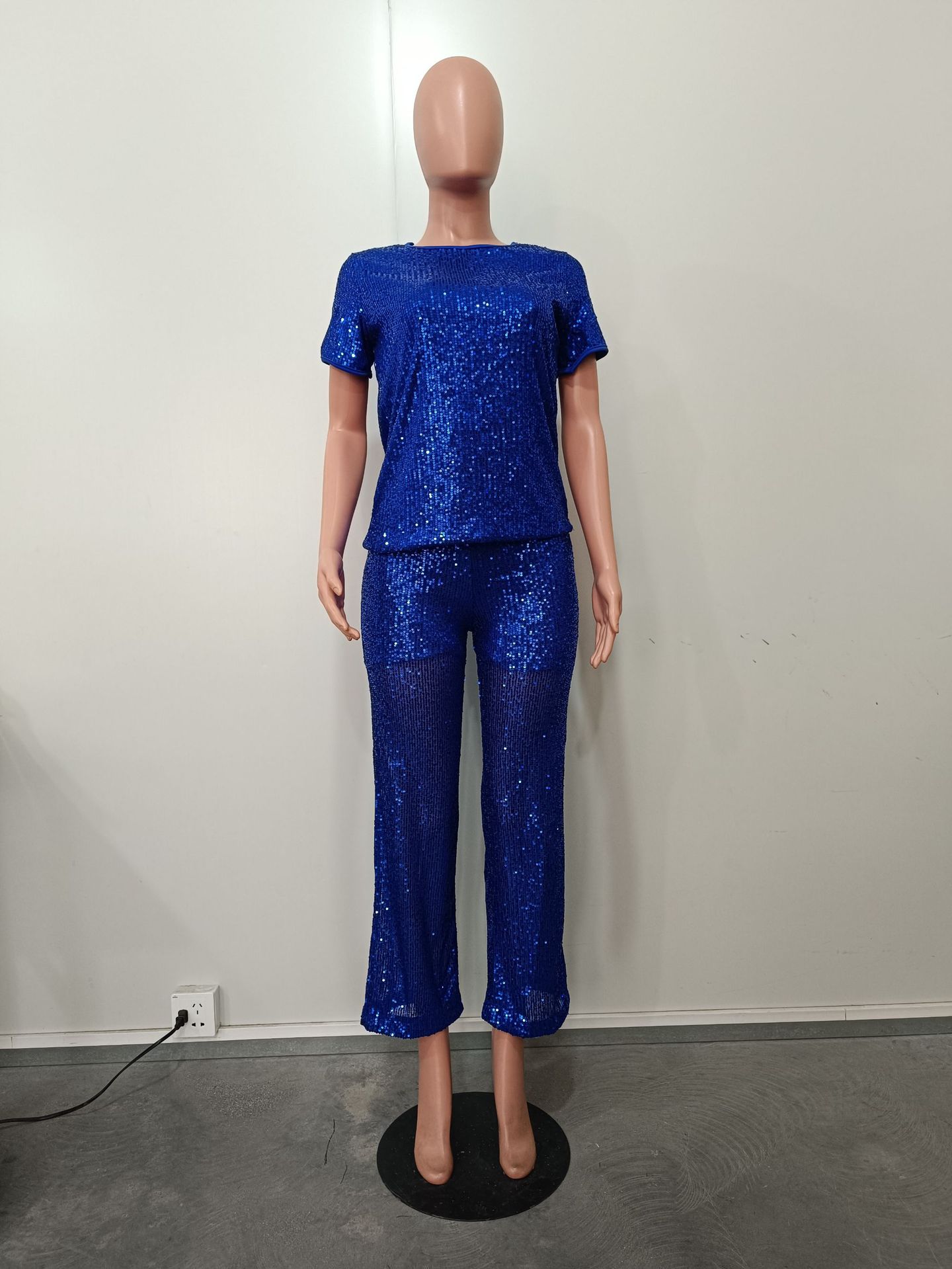 Women Spring Summer Sequin Solid Short Sleeve Top and Pants Two-piece Set