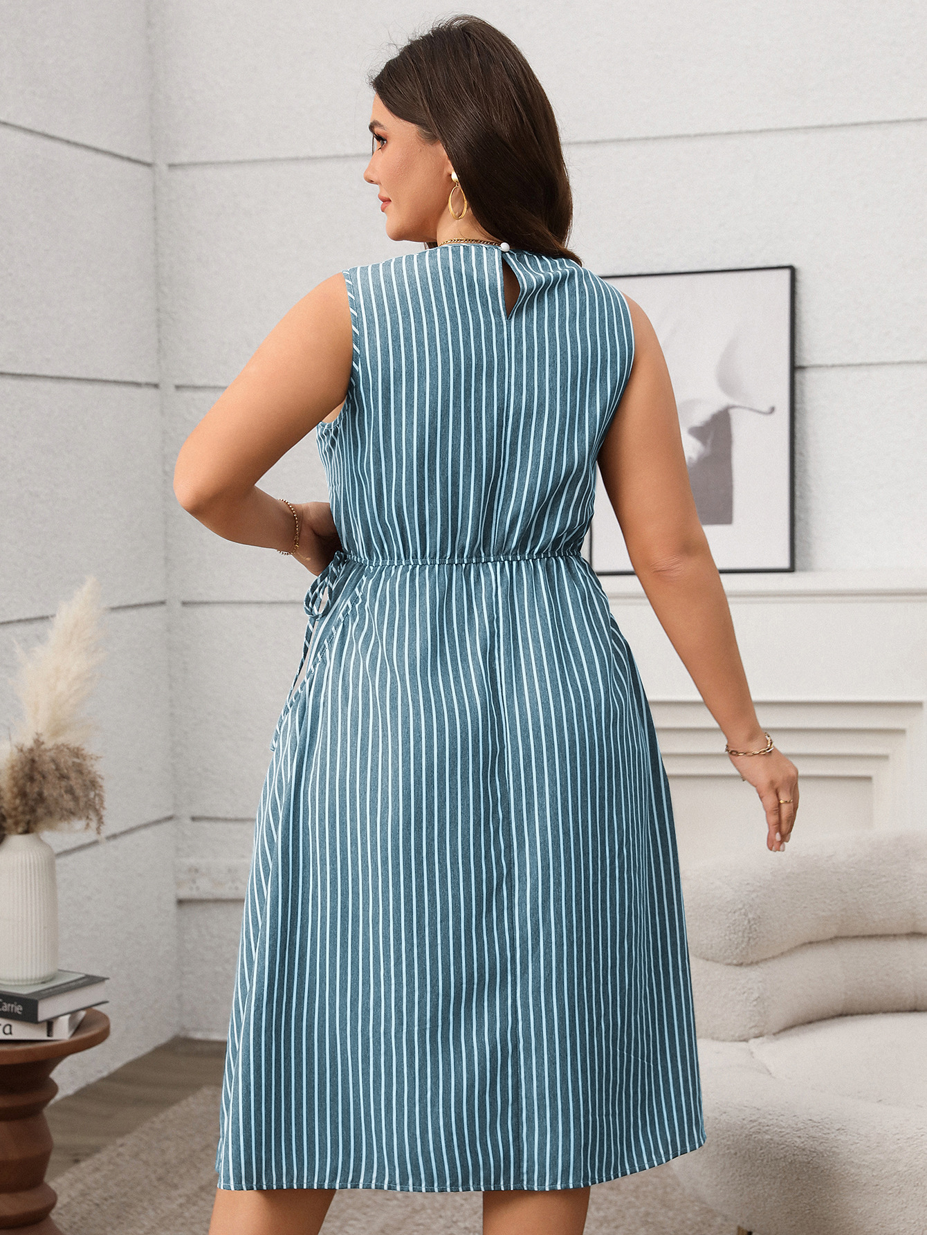 Spring/Summer Women's Plus Size Casual Contrast Stripe Sleeveless Pocket Dress