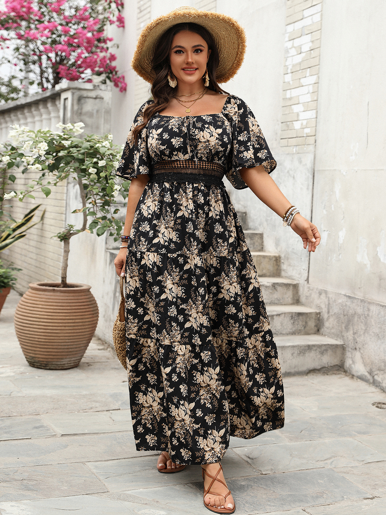 Spring Square Neck Print Plus Size Short-Sleeve Dress