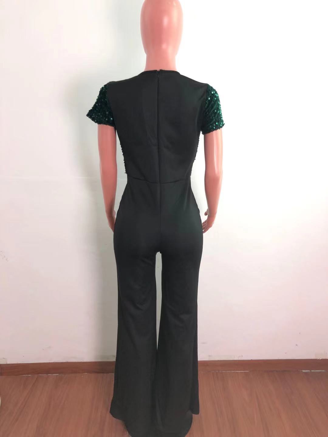 Women Irregular Sequin Patchwork Short Sleeve Jumpsuit