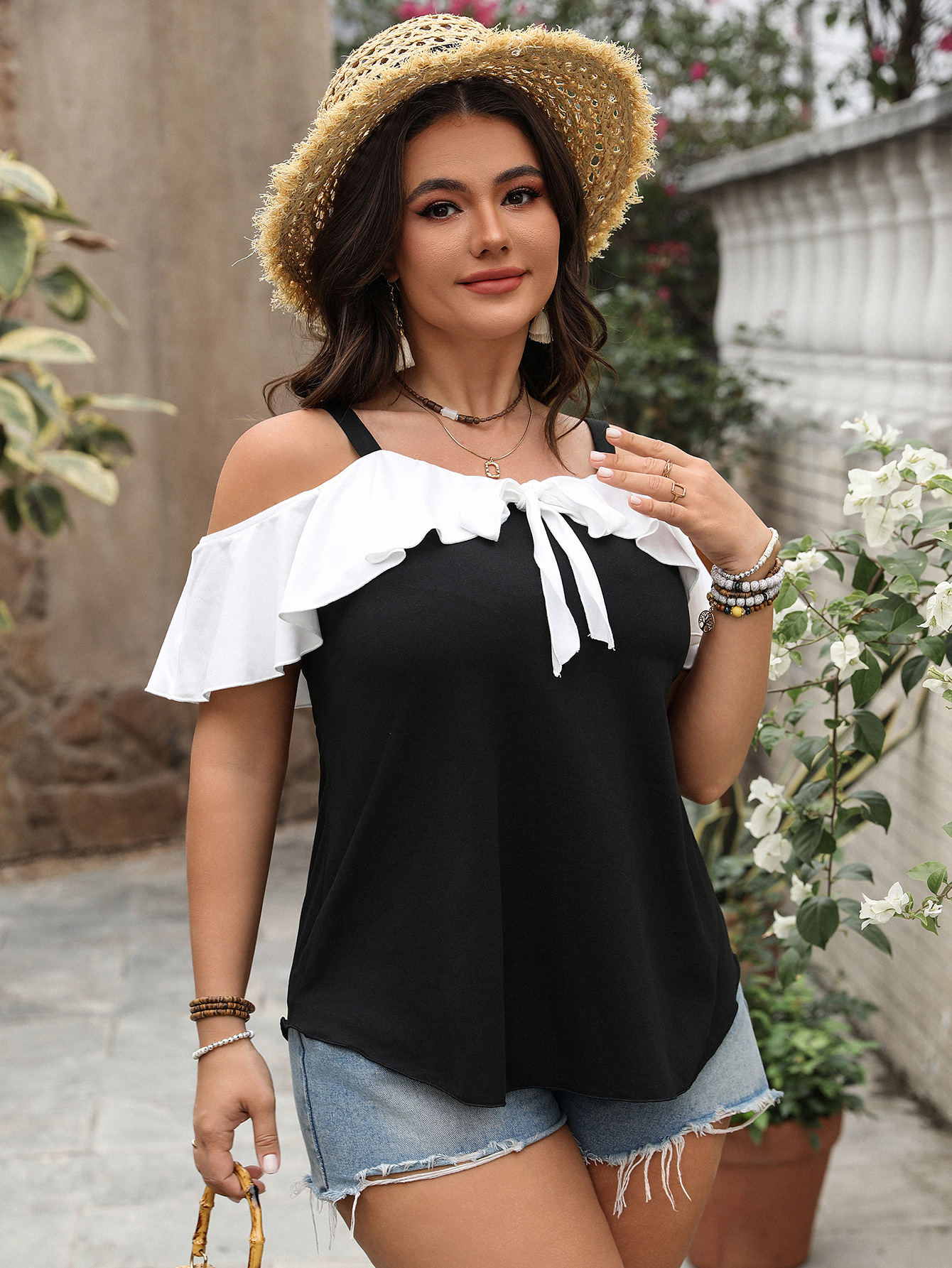 Spring Plus Size Women's Off-Shoulder Ruffle Sleeve Strap Top