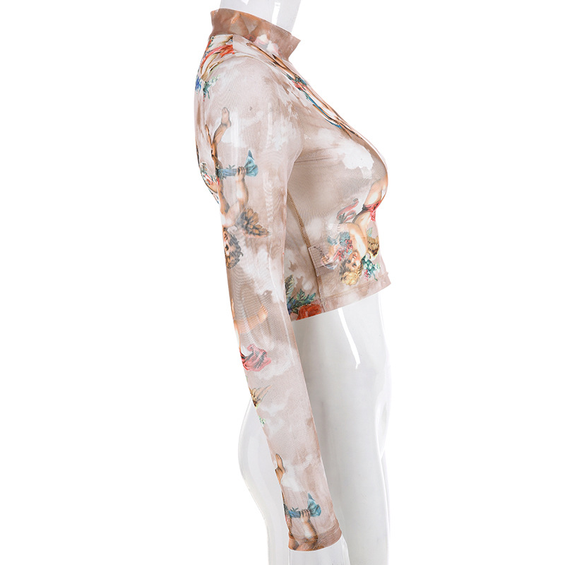 Women's Angel Print Mesh Long-Sleeve T-Shirt
