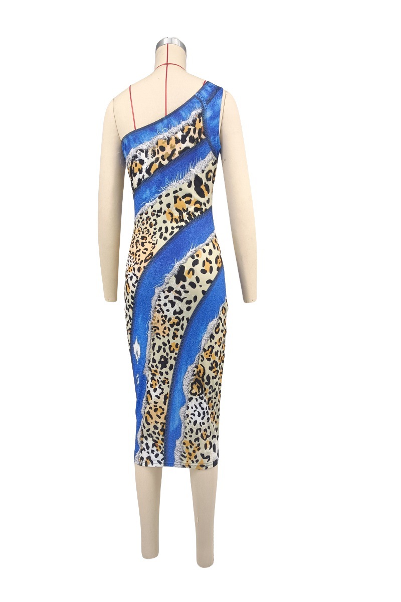 Women's One-Shoulder Slash Neck Leopard Print Bodycon Dress