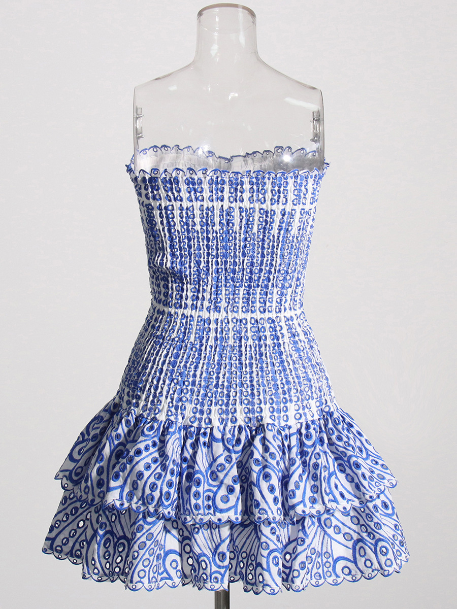 Bohemian Holiday Strapless Slim Waist Mini Cascading Ruffles Dress