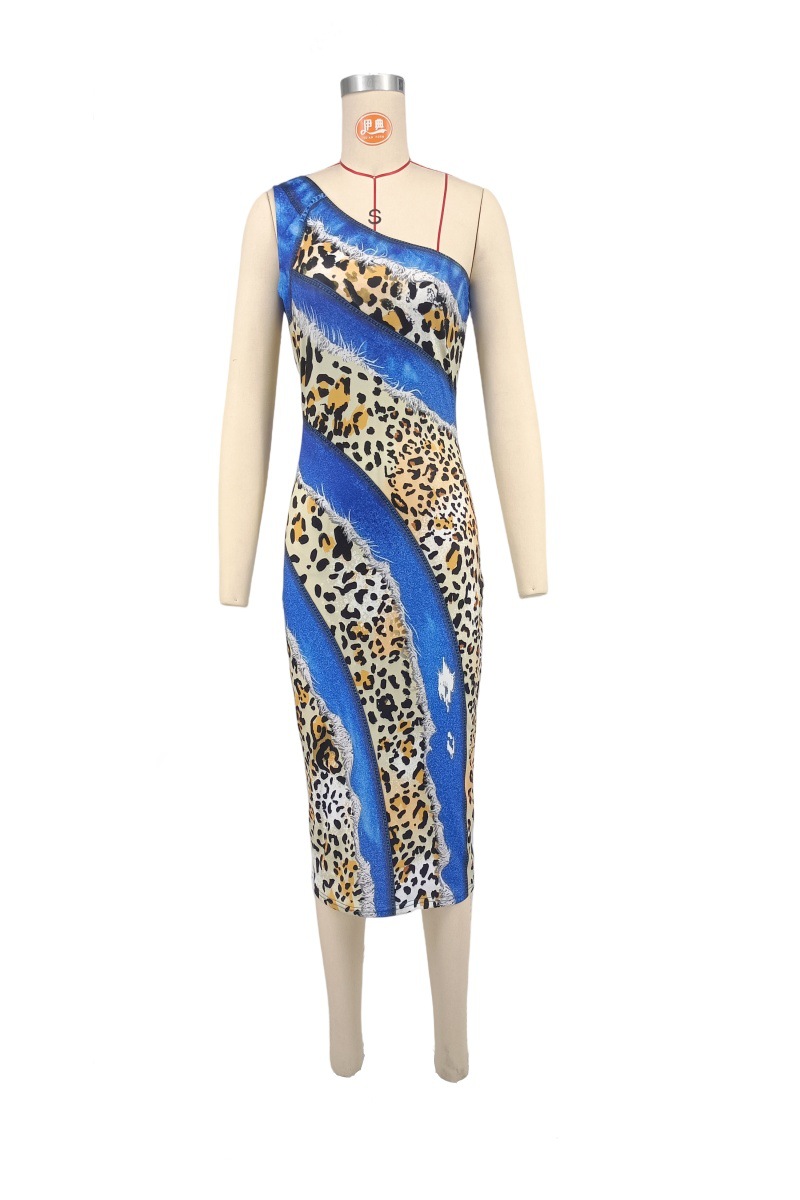 Women's One-Shoulder Slash Neck Leopard Print Bodycon Dress