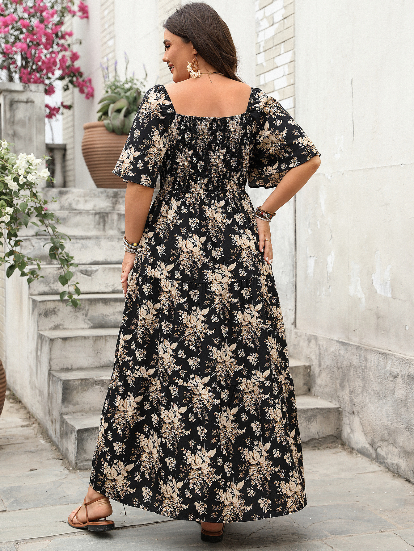 Spring Square Neck Print Plus Size Short-Sleeve Dress