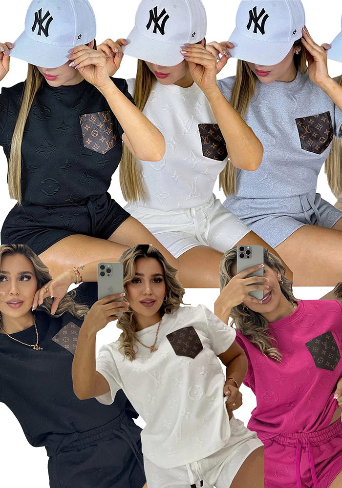 Women Short Sleeve Patch procket Top and Shorts Two Piece Set