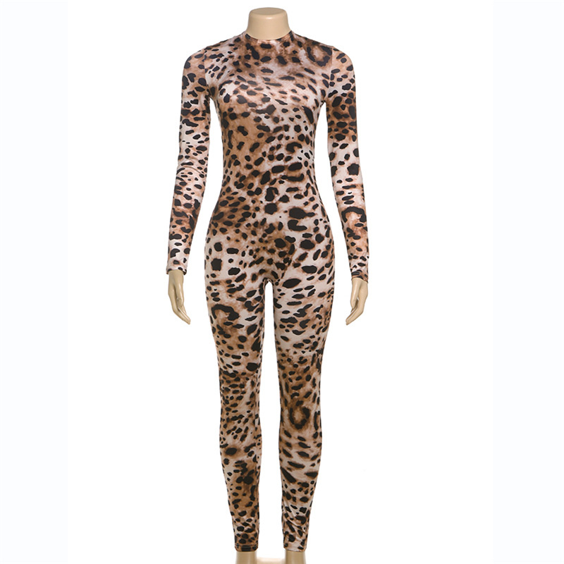 Women Sexy Contrast Leopard Round Neck Long Sleeve Jumpsuit