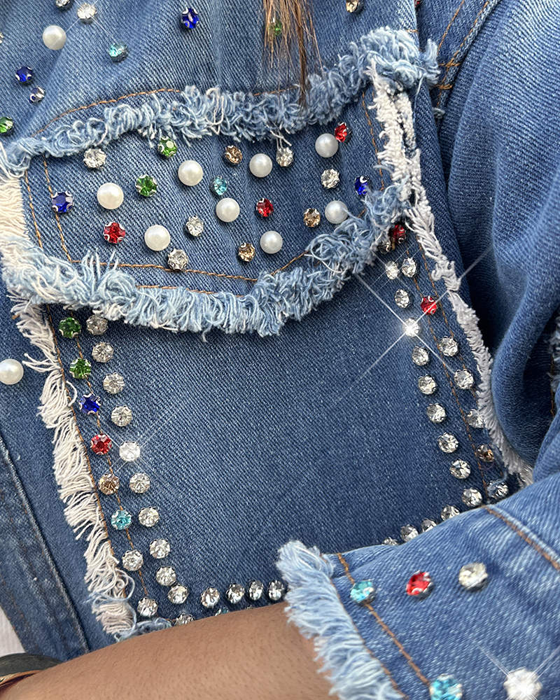 Women Beaded Contrast Denim Long Sleeve Jacket
