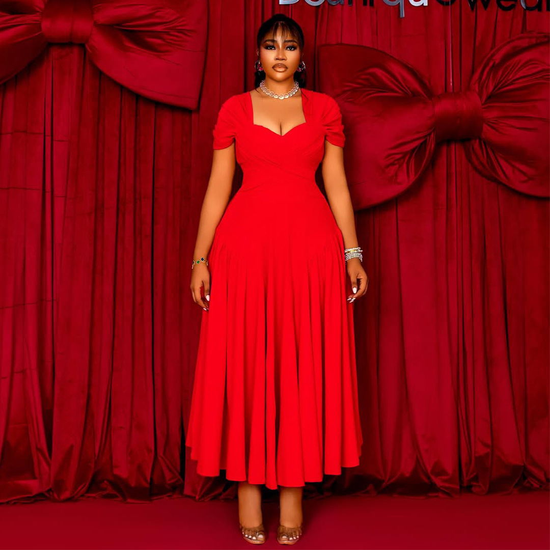 Plus Size Women's Fashion Elegant Square Neck Slim Waist A-line Long Dress