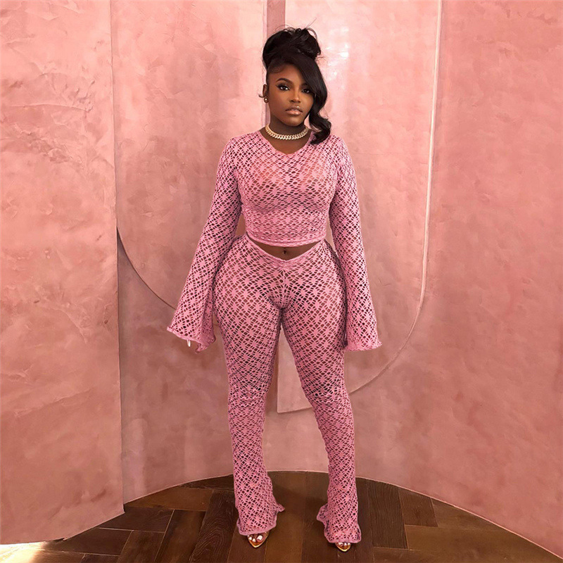 Women Sexy Lace Ripped See-Through Long Sleeve Crop Top and Pants Two Piece Set