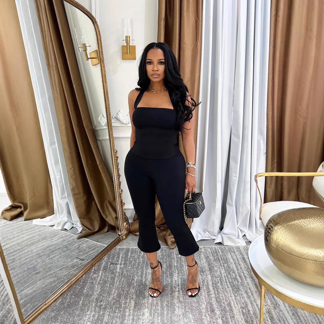 Women Spring Backless Halter Neck Sleeveless Vest and Pants Two Piece Set