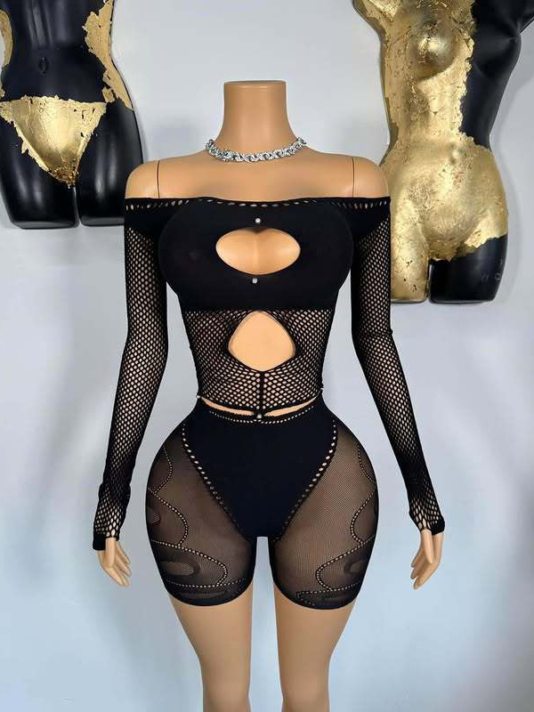 Women Sexy Hollow Off Shoulder Long Sleeve Top and Shorts Set