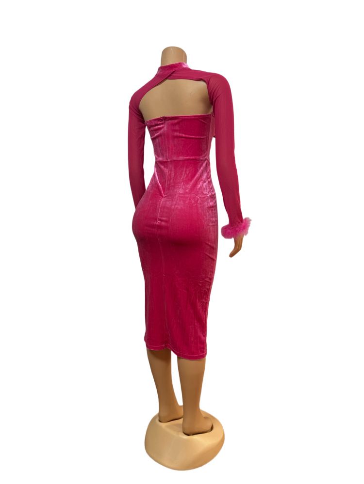 Low-Cut Sexy strapless Low-Back Bodycon Dress Feather Patchwork Long-Sleeve Top Two Piece Set