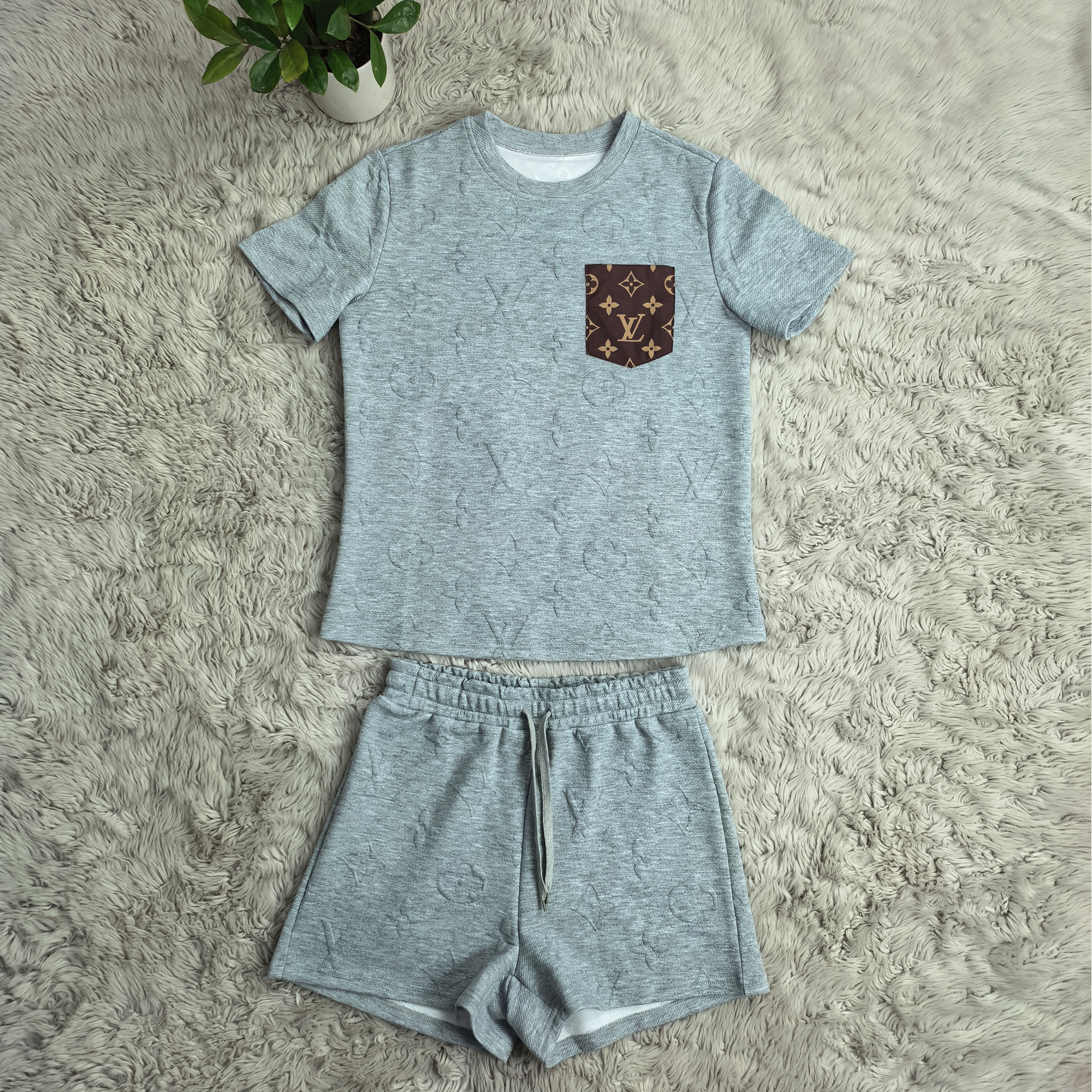 Women Short Sleeve Patch procket Top and Shorts Two Piece Set