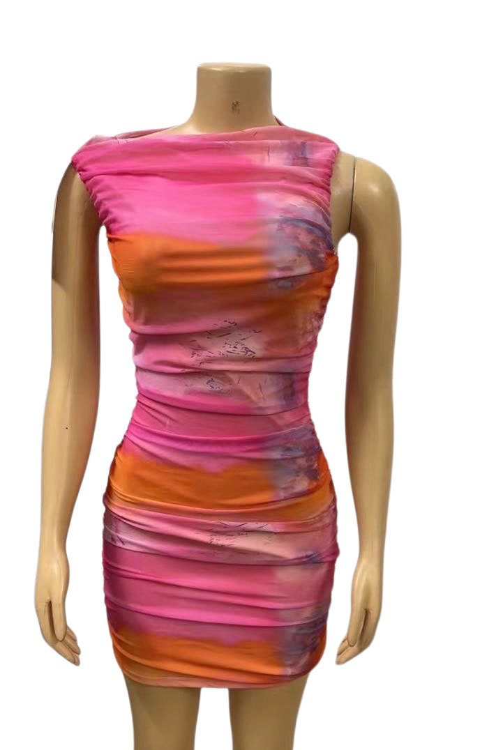 Tight-Fit Sexy Mesh Sleeveless Ruched Bodycon Dress