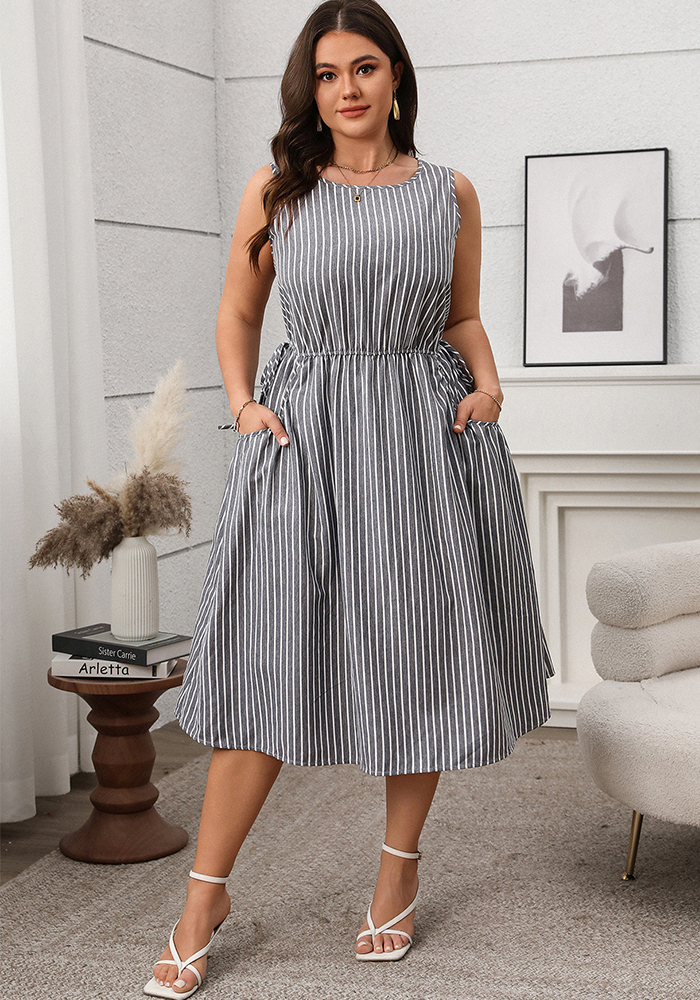 Spring/Summer Women's Plus Size Casual Contrast Stripe Sleeveless Pocket Dress