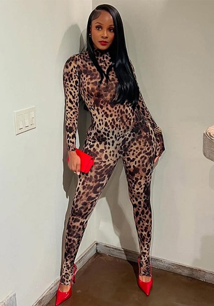 Women Sexy Contrast Leopard Round Neck Long Sleeve Jumpsuit