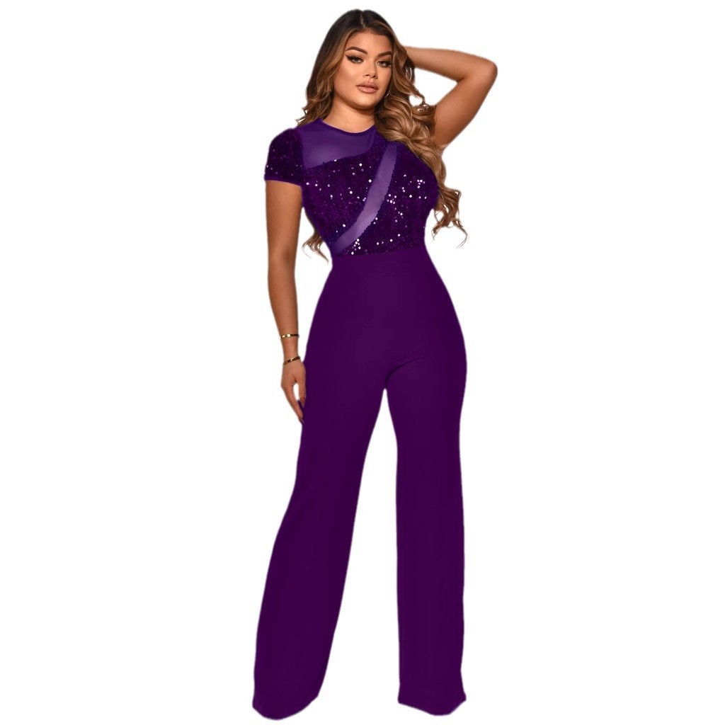 Women Irregular Sequin Patchwork Short Sleeve Jumpsuit