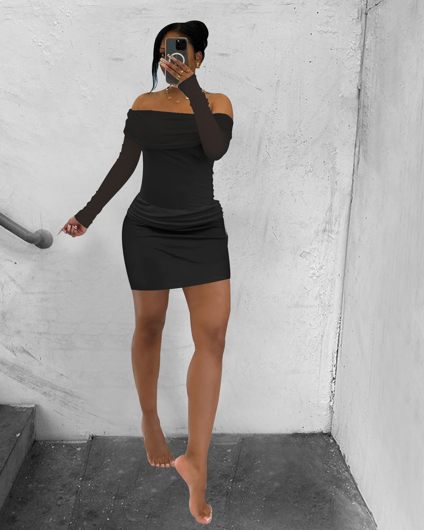 Women's Spring/Summer See-Through Mesh Long-Sleeve Patchwork Off-Shoulder Ruched Two-Piece Skirt Set