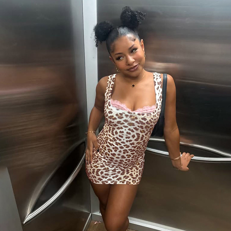 Women's Spring Sexy Lace Patchwork V-Neck Bodycon Leopard Dress