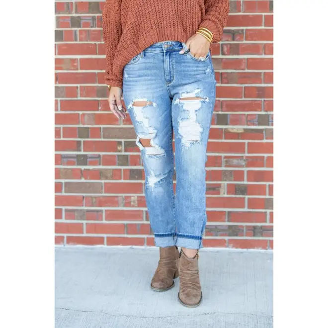 Light Color Tight Ripped Mid-Waist Denim Pants Streetwear