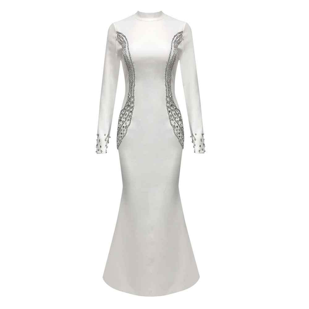 Fall/Winter Long-Sleeve Bandage Dress Rhinestone High Neck Party Gown