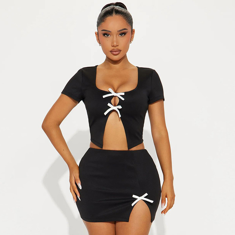Women Spring Bowknot Hollow Crop Top and Skirt Two Piece Set