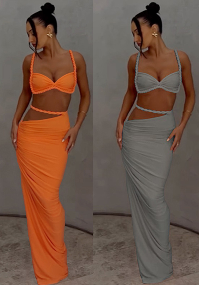 Women Spring Sexy Solid Backless Top and Bodycon Skirt Two-piece Set