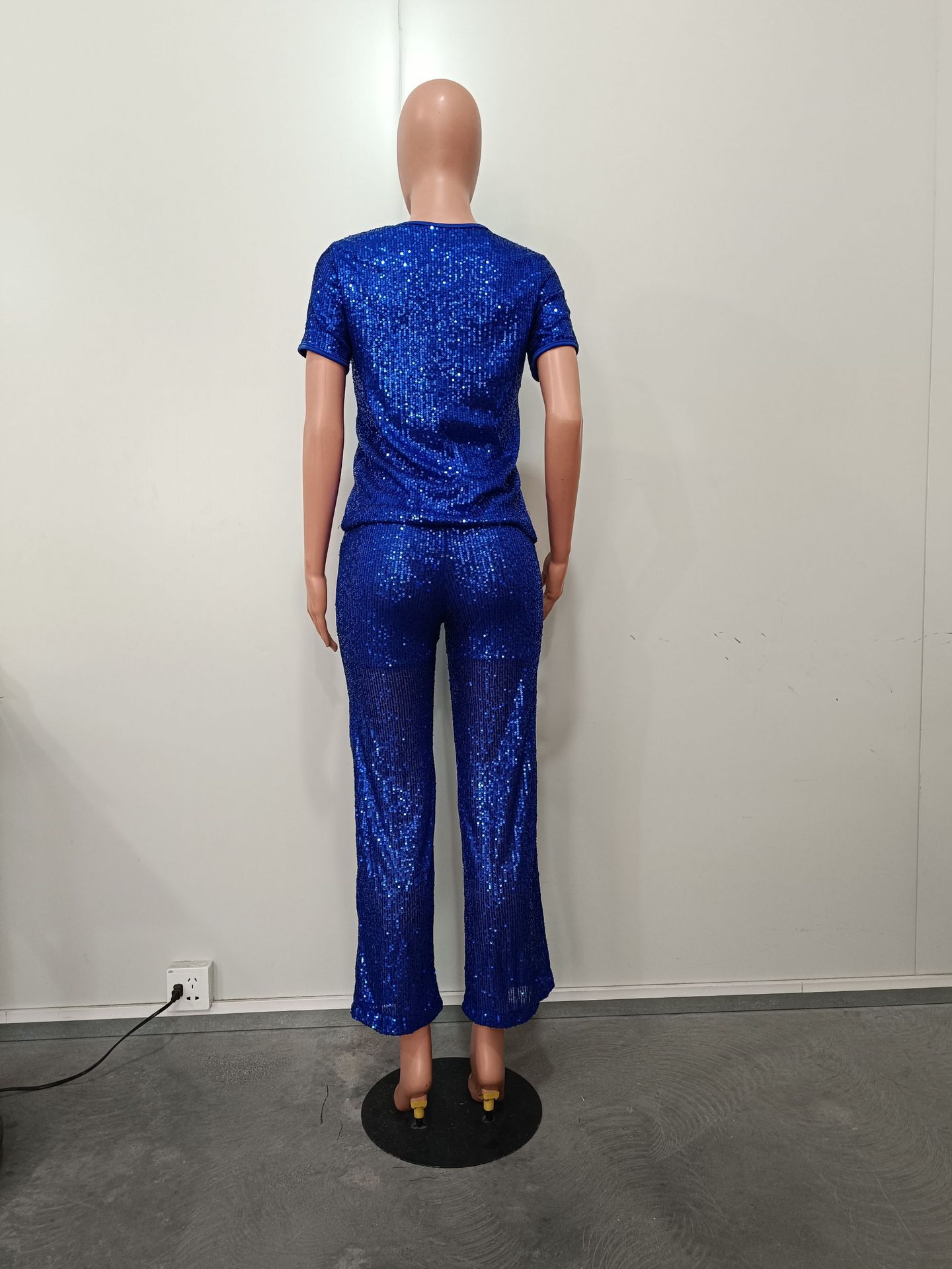 Women Spring Summer Sequin Solid Short Sleeve Top and Pants Two-piece Set