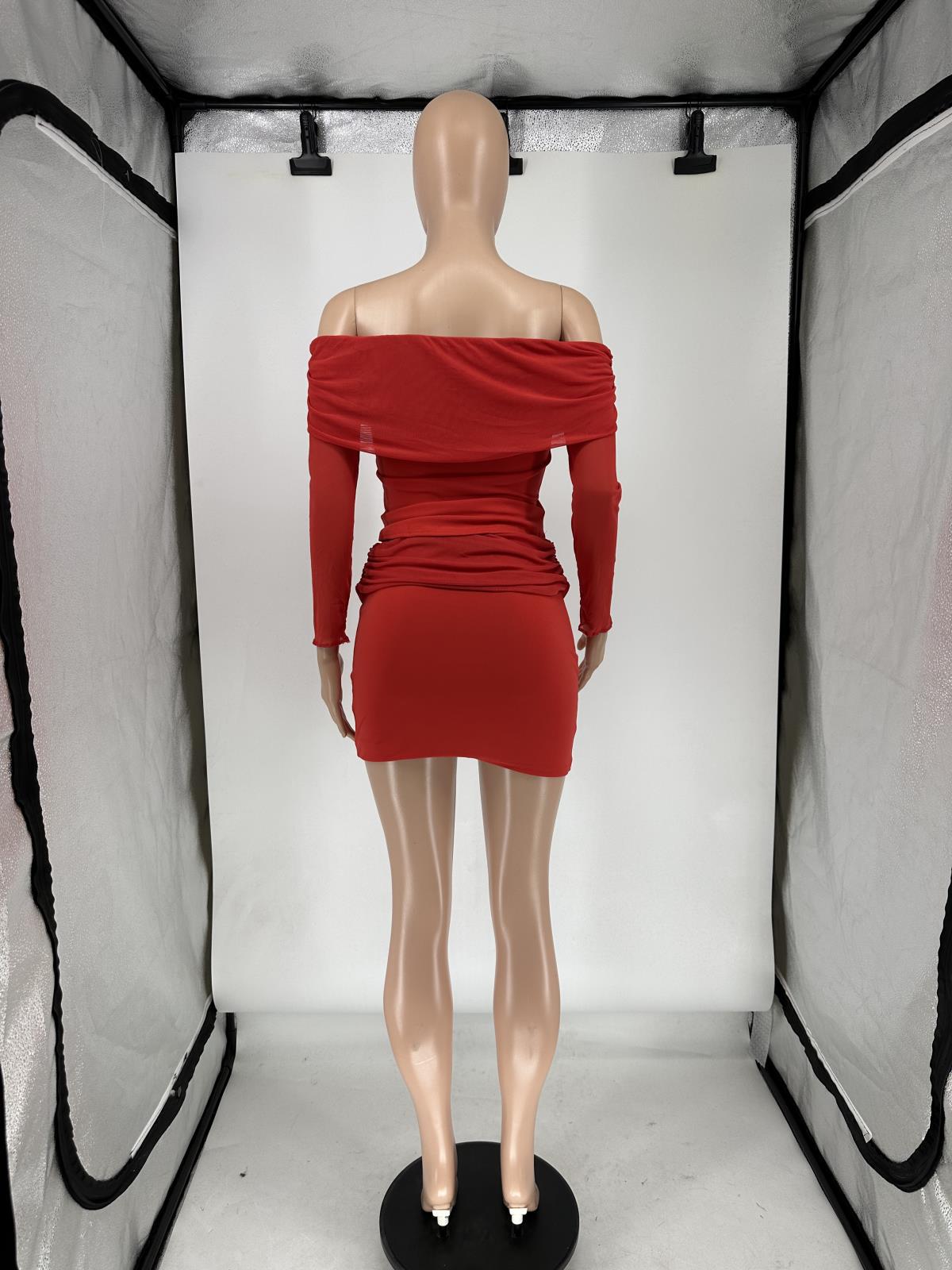 Women's Spring/Summer See-Through Mesh Long-Sleeve Patchwork Off-Shoulder Ruched Two-Piece Skirt Set