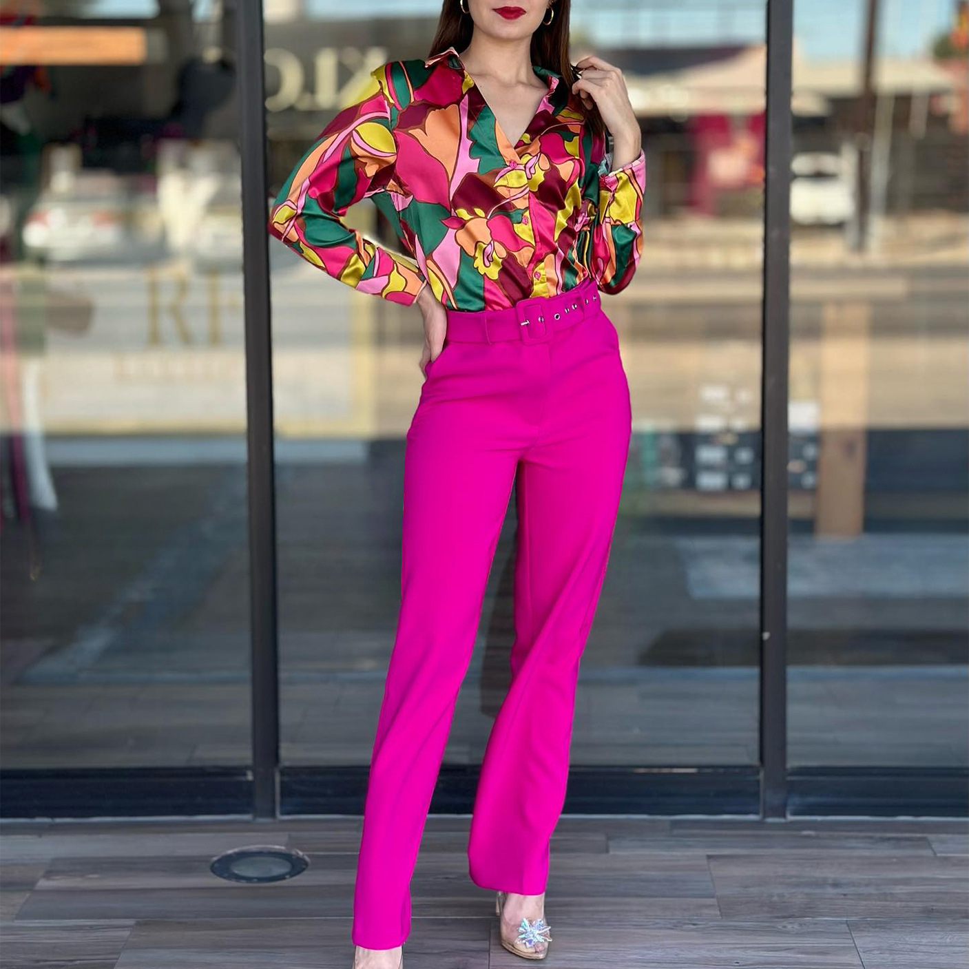 Women's Spring Printed Long-Sleeve Shirt and High-Waist Trousers Two-Piece Set
